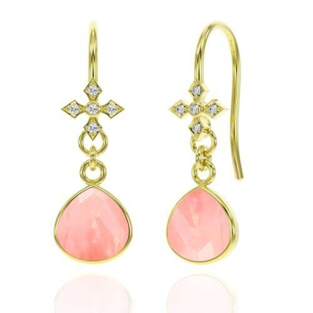 5527 Pink Opal Earrings in Heart Dangle Drop Shape - 18K Gold Vermeil
